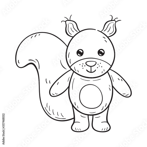 Black and white illustration of a funny cartoon squirrel