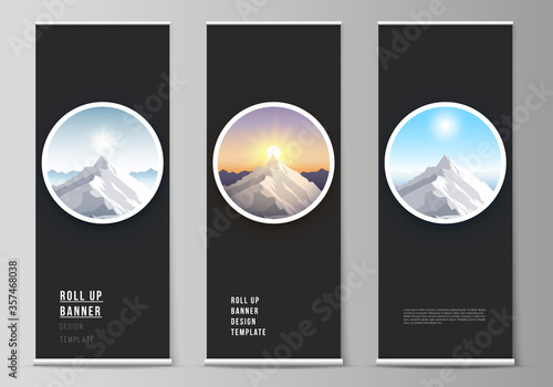 The vector illustration layout of roll up banner stands, vertical flyers, flags design business templates. Mountain illustration, outdoor adventure. Travel concept background. Flat design vector.