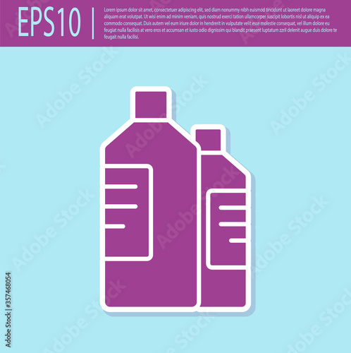 Retro purple Plastic bottles for laundry detergent, bleach, dishwashing liquid or another cleaning agent icon isolated on turquoise background. Vector Illustration