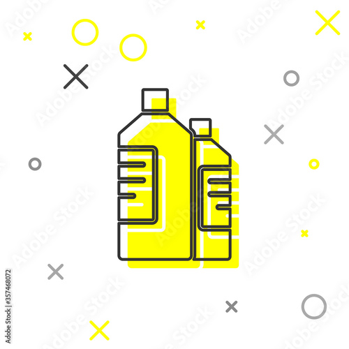 Grey line Plastic bottles for laundry detergent, bleach, dishwashing liquid or another cleaning agent icon isolated on white background. Vector Illustration