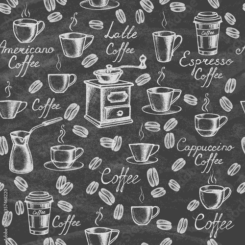 Vintage coffee collection on blackboard. Sketches of hand-drawn coffee. Seamless pattern. Vector illustration.
