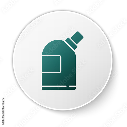 Green Plastic bottles for laundry detergent, bleach, dishwashing liquid or another cleaning agent icon isolated on white background. White circle button. Vector Illustration