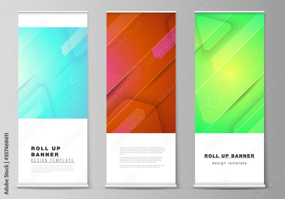 The vector illustration layout of roll up banner stands, vertical flyers, flags design business templates. Futuristic technology design, colorful backgrounds with fluid gradient shapes composition.