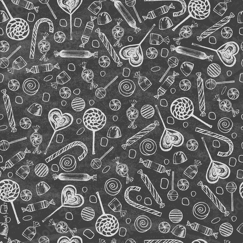 Doodle style hard candy set sketch. Includes lollipops, wrapped candy, butterscotch, candy corn, gum drops, and jelly beans on the blackboard. Seamless pattern. Vector illustration.