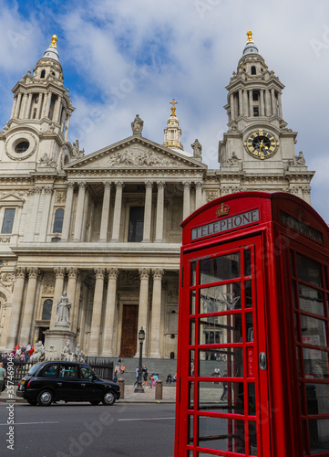 Red Phone Booth and Black Cab in front of St Pauls' Cathedral