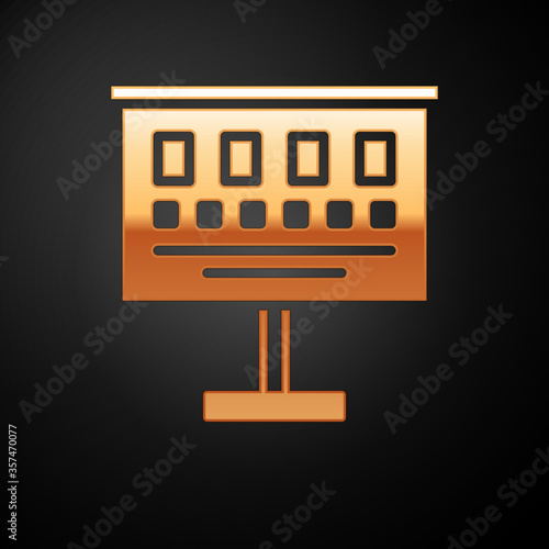 Gold Eye test chart icon isolated on black background. Poster for vision testing in ophthalmic study. Snellen chart. Vector Illustration