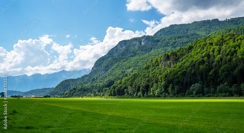 Green fields and famous Lauterbrunnen valley with high cliffs in background, Oberland, Switzerland, Europe.