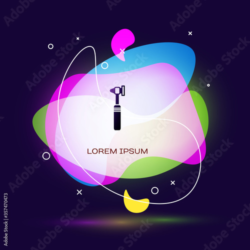 Black Medical otoscope tool icon isolated on blue background. Medical instrument. Abstract banner with liquid shapes. Vector Illustration