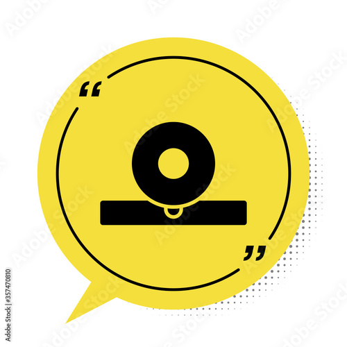 Black Otolaryngological head reflector icon isolated on white background. Equipment for inspection the patient's ear, throat and nose. Yellow speech bubble symbol. Vector Illustration