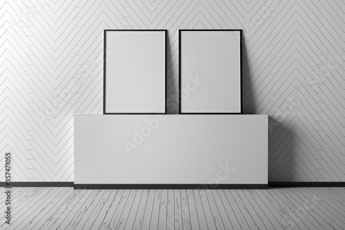 Indoor scene interior with two blank A4 picture frames