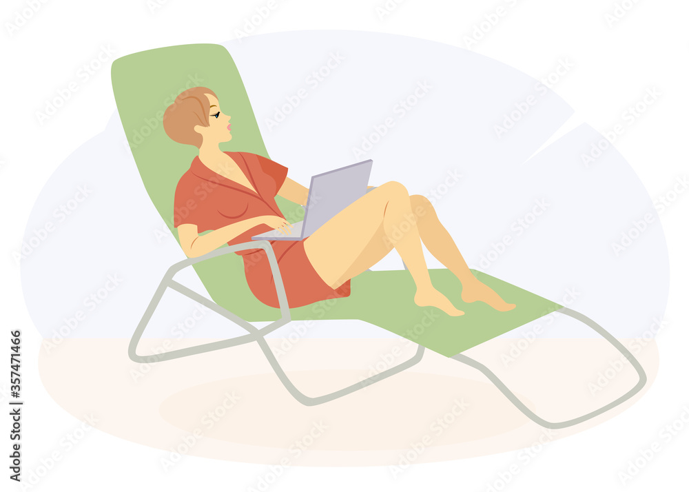 A beautiful lady is sitting on a deck chair. A girl looks and works in a laptop. The woman has a slim figure. Vector illustration A beautiful lady is sitting on a deck chair. A girl looks and works in a laptop. The woman has a slim figure. Vector illustration