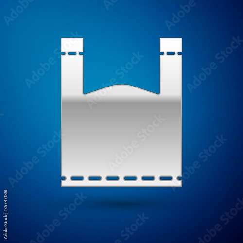 Silver Plastic bag icon isolated on blue background. Disposable cellophane and polythene package prohibition sign. Vector Illustration