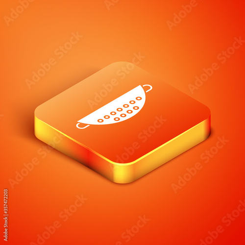 Isometric Kitchen colander icon isolated on orange background. Cooking utensil. Cutlery sign. Vector Illustration