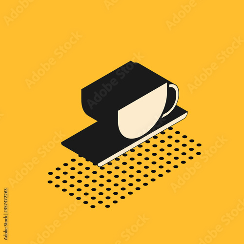 Isometric Coffee cup icon isolated on yellow background. Tea cup. Hot drink coffee. Vector Illustration