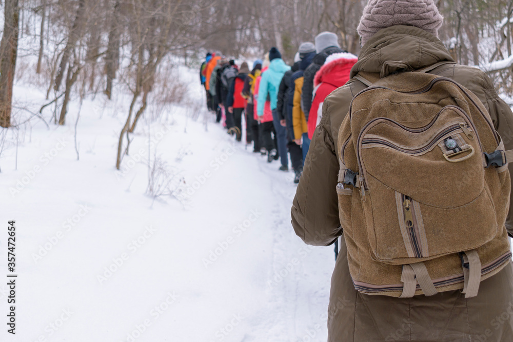 People walk uphill in woods in winter. Many tourists lined up on trail. View from back. Tourist clothes, backpack. Concept of hiking, adventure. People walk uphill in woods in winter. Many tourists lined up on trail. View from back. Tourist clothes, backpack. Concept of hiking, adventure.