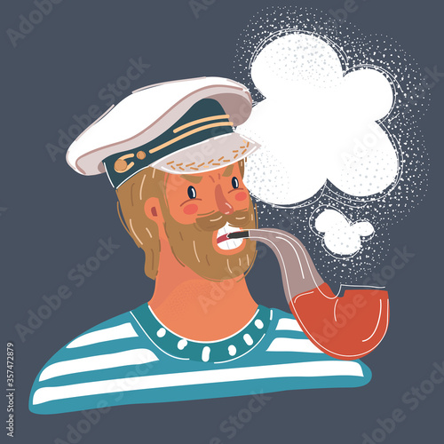 Vector illustration of funny sailor man with tobacco pipe in her mouth