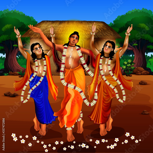 illustration of Chaitanya Mahaprabhu in devotion of Lord Jagannath, Balabhadra and Subhadra for Happy Rath yatra. He promoted the worship of God, in his tradition known by the name Krishna.