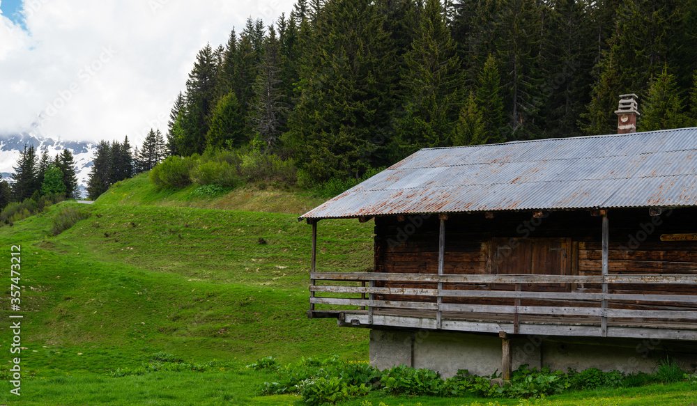 Beautiful view of scenic mountain landscape in the Alps with traditional old mountain chalet and fresh green meadows with blue sky and clouds in spring. Beautiful view of scenic mountain landscape in the Alps with traditional old mountain chalet and fresh green meadows with blue sky and clouds in spring.