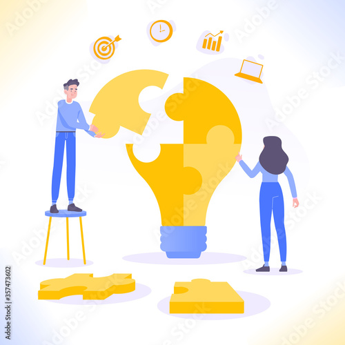 Teamwork, cooperation and partnership or idea concept. Business people connecting puzzle pieces of huge light bulb together, vector illustration