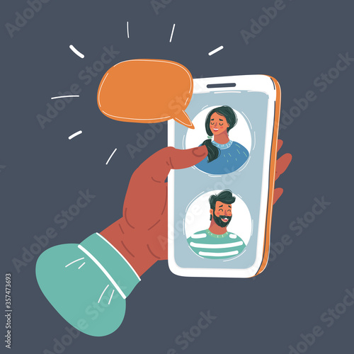 Vector illustration of Closeup of a female hand holding a smart phone during a skype video call