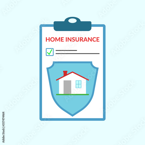 The concept of home insurance against accidents, security and home protection. White house with a red roof on a blue shield. In the background is a control board with an inscription and a mark.