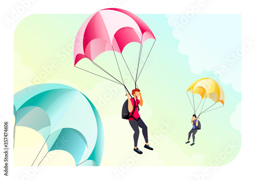 Parachute jumpers flying in the sky. Skydiving, Parachuting, extreme sport, adventure concept. Vector illustration for poster, card_postcard.