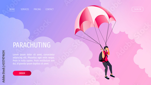 Web page design with parachutist flying in the sky. Skydiving, Parachuting, extreme sport, adventure concept. Vector illustration for poster, banner, website.