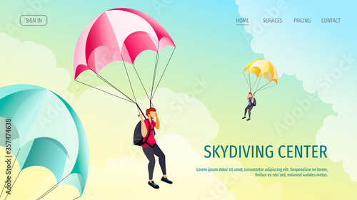 Web page design with parachute jumpers flying in the sky. Skydiving, Parachuting, extreme sport, adventure concept. Vector illustration for poster, banner, advertising, website.