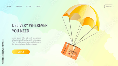 Web page design for Delivery services, Online order, Cargo transportation. Parcel box flying on parachute. Vector illustration for poster, banner, advertising.