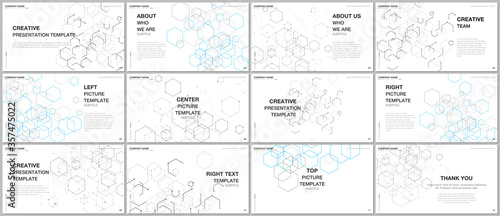 Presentation design vector templates, multipurpose template for presentation slide, flyer, brochure cover design. Hexagonal molecule structure for medical, technology, chemistry, science concepts.
