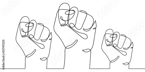 Continuous line drawing of three strong fists raised up in protest. One line drawing vector illustration of group of human arms. Concept of revolution, equality, fight for human rights. Stop racism