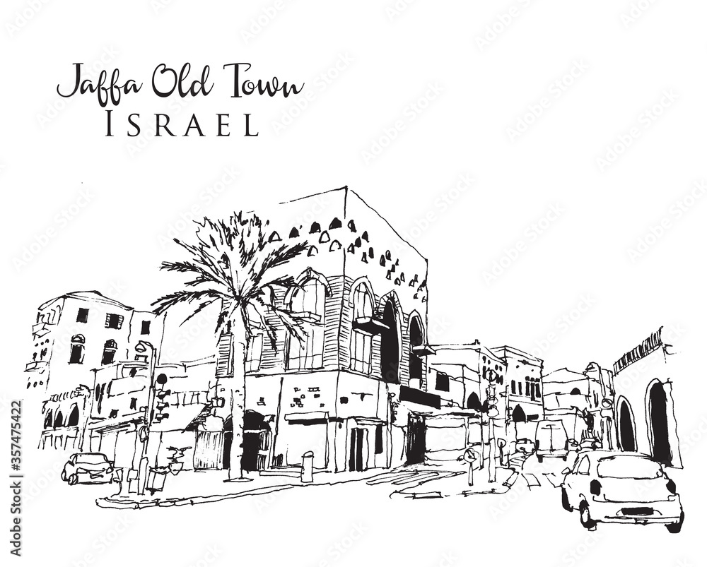 Drawing sketch illustration of Jaffa Old Town, Tel Aviv, Israel