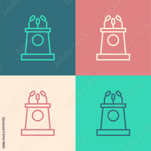 Pop art line Stage stand or debate podium rostrum icon isolated on color background. Conference speech tribune. Vector Illustration