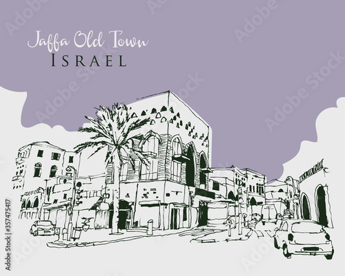 Drawing sketch illustration of Jaffa Old Town, Tel Aviv, Israel