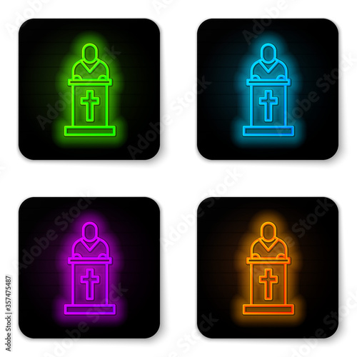 Glowing neon line Church pastor preaching icon isolated on white background. Black square button. Vector Illustration