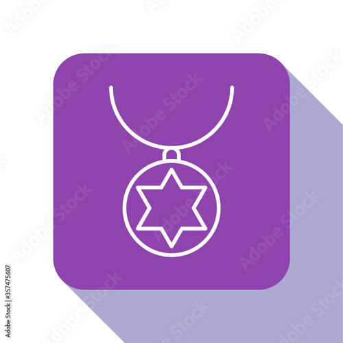 White line Star of David necklace on chain icon isolated on white background. Jewish religion. Symbol of Israel. Jewellery and accessory. Purple square button. Vector Illustration