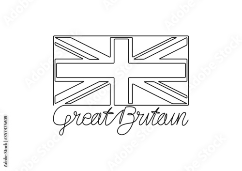 GREAT BRITAIN handwritten inscription and flag. Continuous one line drawing.