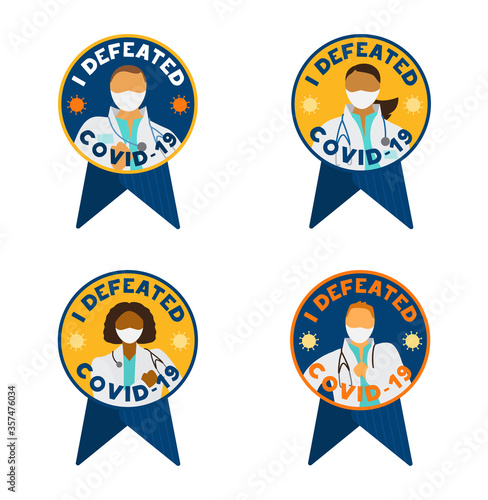 Vector set of signs, medals or stickers about end of coronavirus. Different races doctors in masks who defeated virus. Achievements and honours labels. Virus is defeated concept.