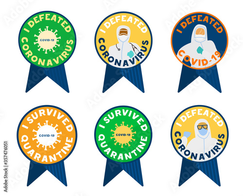 Vector set of signs, medals or stickers about end of coronavirus and quarantine. Doctors in protective clothes who defeated virus. Achievements and honours labels. Virus is defeated concept.