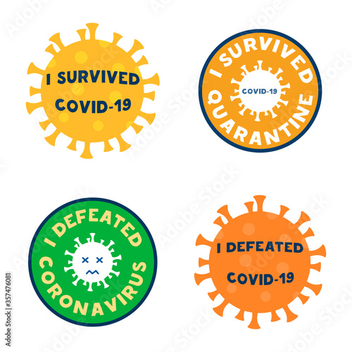 Vector set of signs, icons, medals or stickers about end of coronavirus and quarantine. Achievements and honours labels. Virus is defeated concept. 