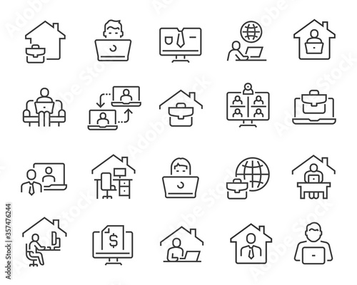 Freelance and Work at Home Icons Set. Collection of linear simple web icons such as Work from Home, Distant Work, Freelance, Online Video Conferencing, Work Online and more. Editable vector stroke.