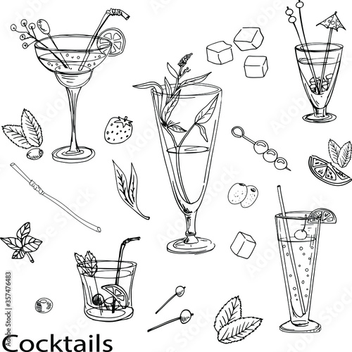 set of images with hand-made cocktails black and white summer heat menu restaurant Mojito whiskey