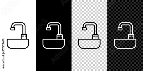 Set line Washbasin with water tap icon isolated on black and white background. Vector Illustration