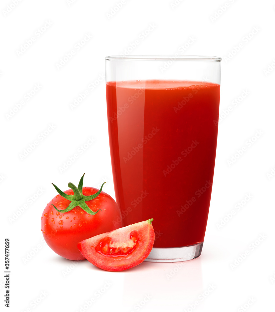 Glass of tomato juice with tomato fruit isolated on white background. Glass of tomato juice with tomato fruit isolated on white background.