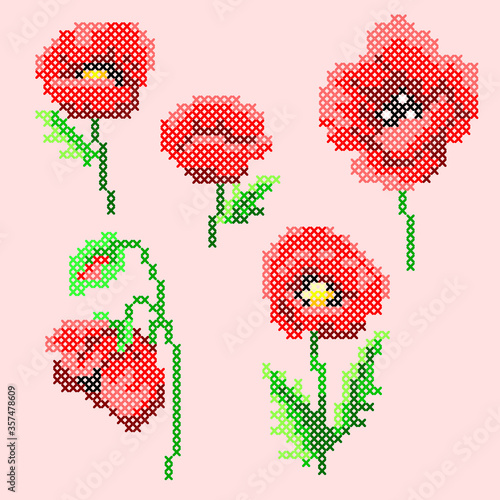vector illustration cross stitch poppy