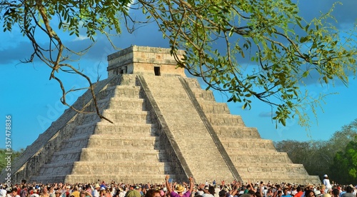 Canvas Print CHICHEN ITZA, MEXICO - MARCH 21,2014: Tourists watching the feathered serpent cr