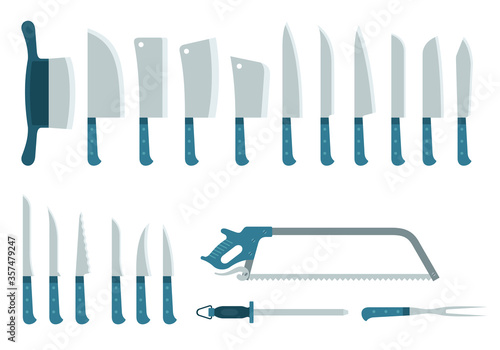 Set of twenty different knives, hatchets and saw, for cutting, grinding products vector illustration