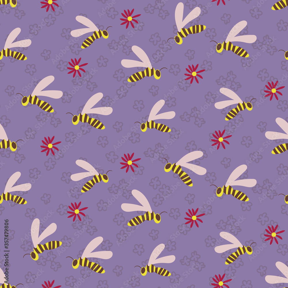 Swarm of wasps seamless vector pattern on lilac garden background. Insects themed surface print design. For fabrics, stationery, and packaging.
