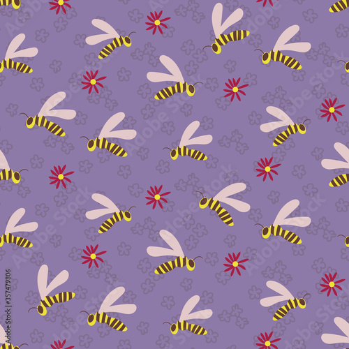 Swarm of wasps seamless vector pattern on lilac garden background. Insects themed surface print design. For fabrics, stationery, and packaging.