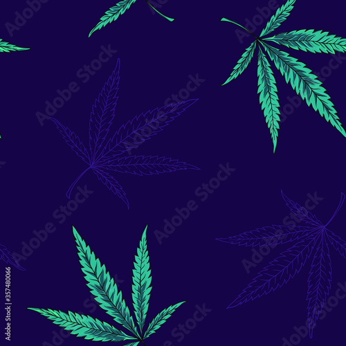 Seamless beautiful hemp pattern. Bright and stylish cannabis for textile design. Leafs ornament. Natural and organic pattern design with geometrical elements